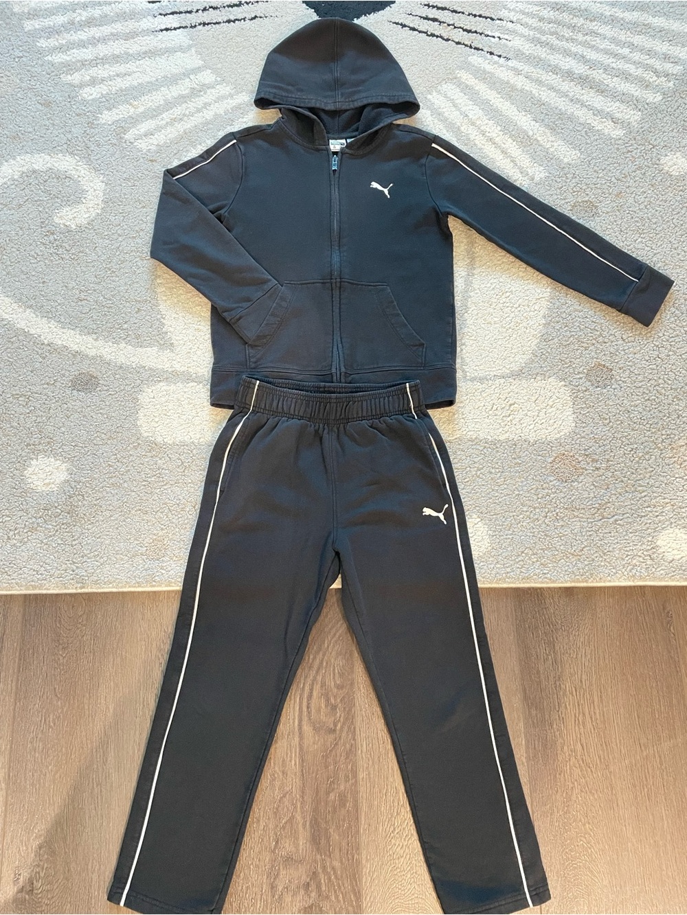 Puma Kids Black Hooded Sweatshirt & Jogger Set with White Piping